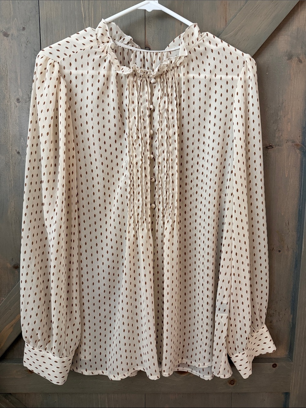 SHEIN Cream Blouse with Brown Dot Print and Ruffle Neck